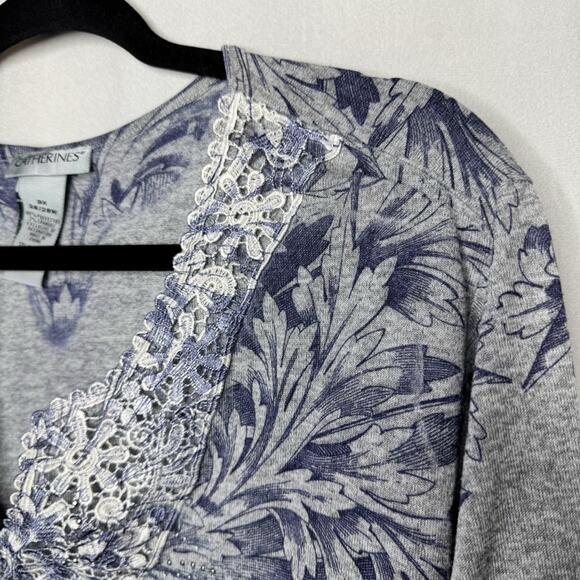 CATHERINE'S / blue ombre mixed media floral cheetah printed 3/4 sleeve tee / 3X - Picture 4 of 7